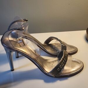 Authentic Chanel Elegant Silver High Heel Sandals 34 1/2